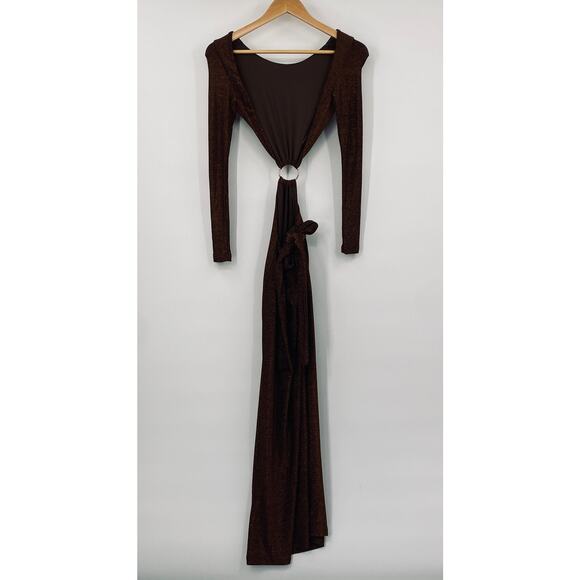 MESHKI Christina Backless Cut out Dress Long Sleeve Brown Gold Metallic NEW XXS - Picture 7 of 12